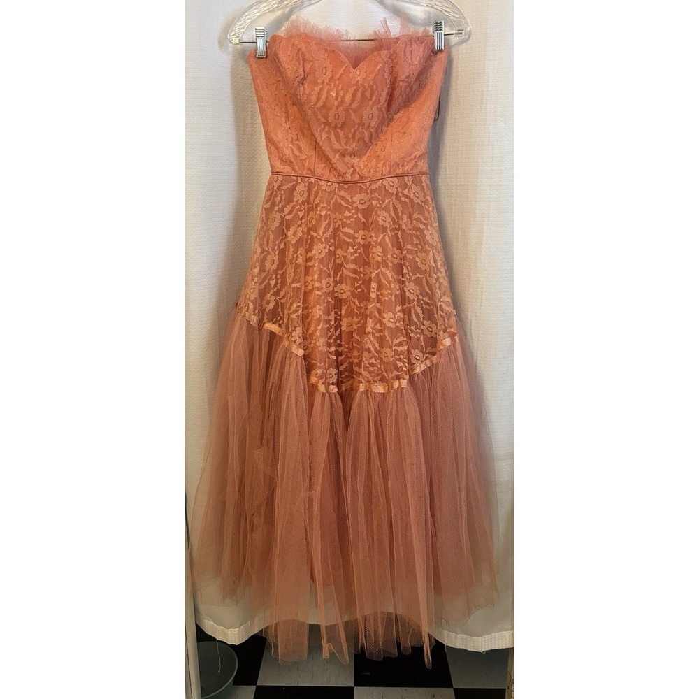 VTG 50s 60s Pink Strapless Formal Tulle Dress XS Rockabilly